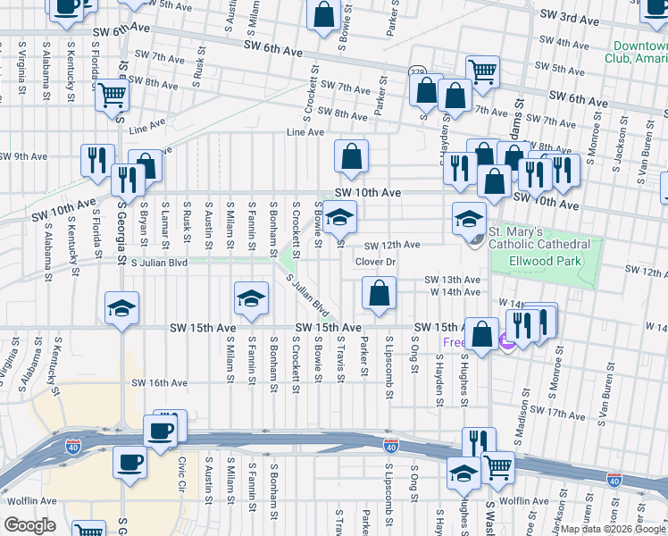 map of restaurants, bars, coffee shops, grocery stores, and more near 1202 South Travis Street in Amarillo
