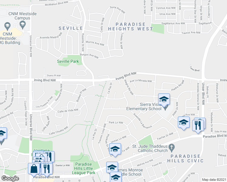 map of restaurants, bars, coffee shops, grocery stores, and more near 10413 Palo Verde Place Northwest in Albuquerque