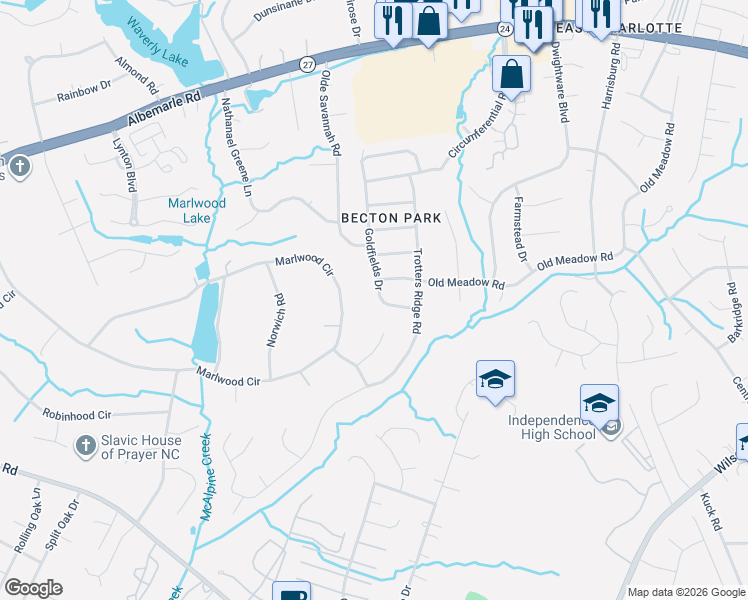 map of restaurants, bars, coffee shops, grocery stores, and more near 9018 Goldfields Drive in Charlotte