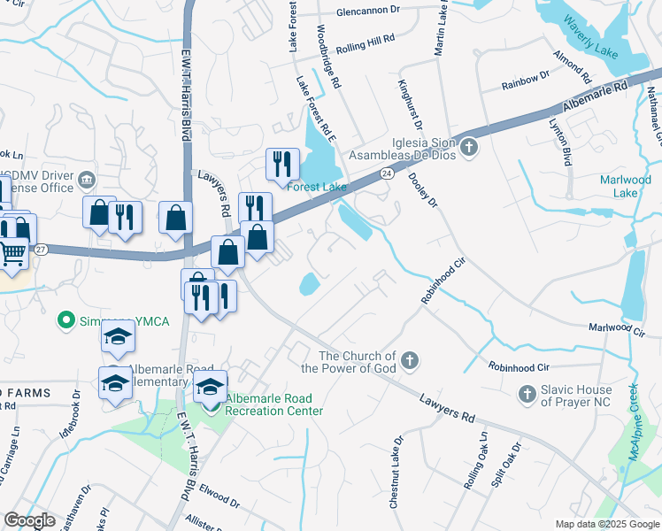 map of restaurants, bars, coffee shops, grocery stores, and more near 7148 Winery Lane in Charlotte