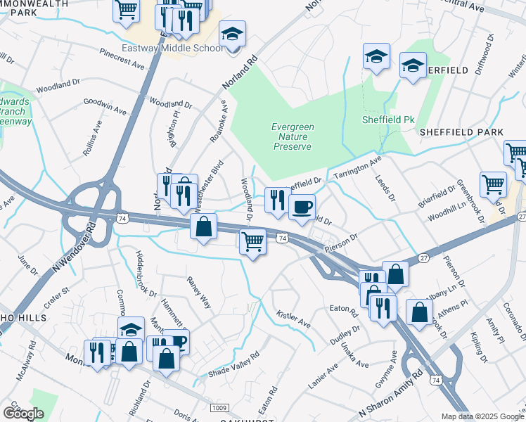 map of restaurants, bars, coffee shops, grocery stores, and more near 3808 Winfield Drive in Charlotte