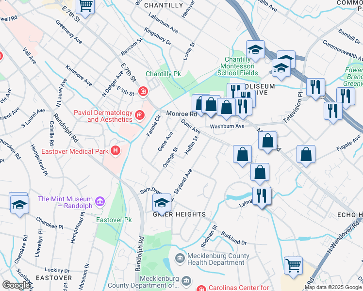 map of restaurants, bars, coffee shops, grocery stores, and more near 321 Heflin Street in Charlotte