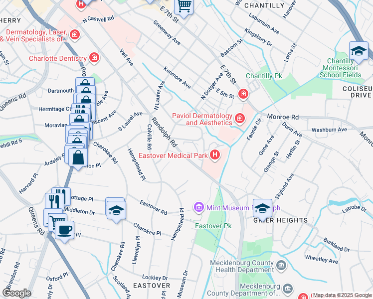 map of restaurants, bars, coffee shops, grocery stores, and more near in Charlotte