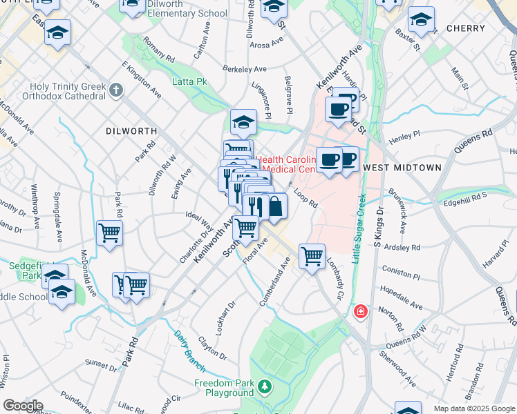 map of restaurants, bars, coffee shops, grocery stores, and more near 1315 East Boulevard in Charlotte