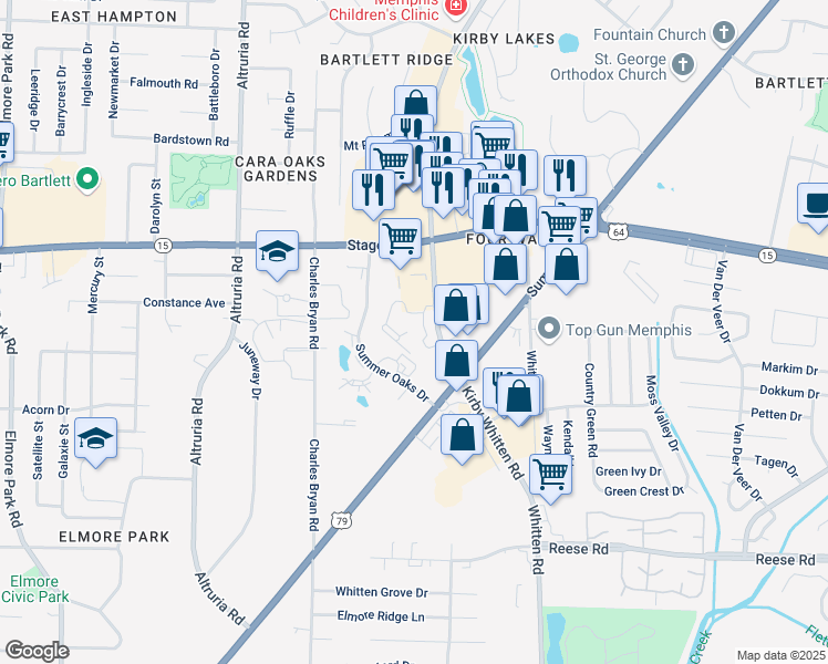 map of restaurants, bars, coffee shops, grocery stores, and more near 2841 Kirby Whitten Road in Bartlett