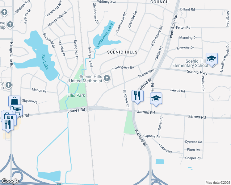 map of restaurants, bars, coffee shops, grocery stores, and more near 3069 Scenic Highway in Memphis