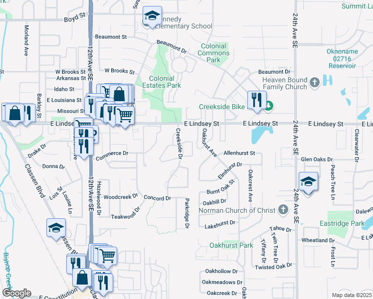 map of restaurants, bars, coffee shops, grocery stores, and more near 1320 Creekside Drive in Norman
