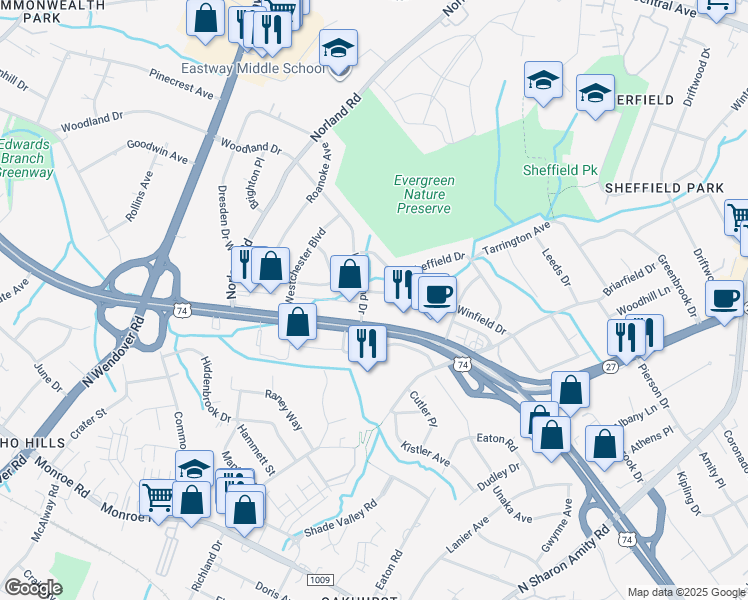 map of restaurants, bars, coffee shops, grocery stores, and more near 3808 Winfield Drive in Charlotte