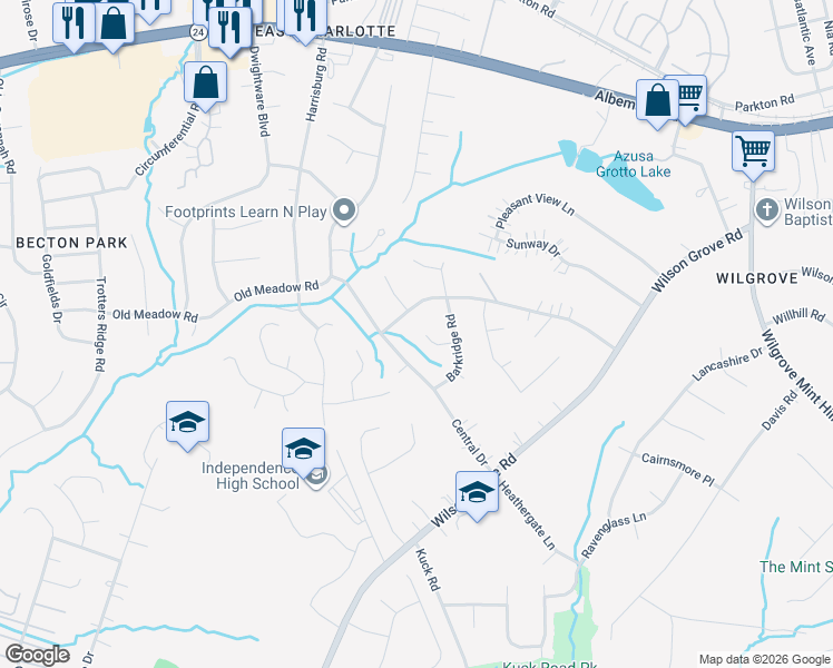 map of restaurants, bars, coffee shops, grocery stores, and more near 9600 Heartwood Lane in Mint Hill