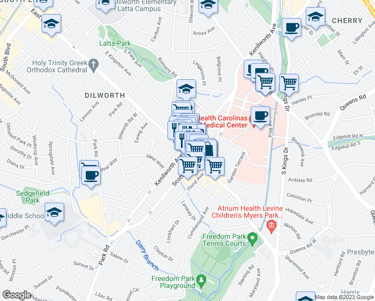 map of restaurants, bars, coffee shops, grocery stores, and more near 1315 East Boulevard in Charlotte