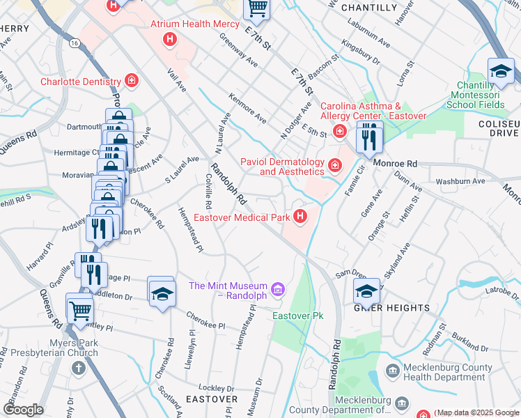 map of restaurants, bars, coffee shops, grocery stores, and more near 2516 Cranbrook Lane in Charlotte