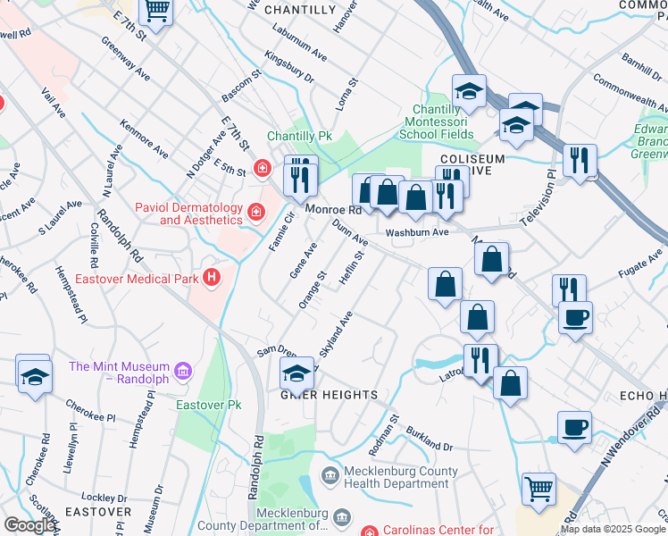 map of restaurants, bars, coffee shops, grocery stores, and more near 321 Heflin Street in Charlotte