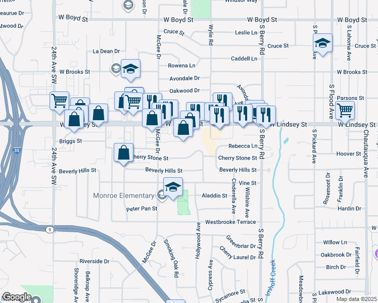 map of restaurants, bars, coffee shops, grocery stores, and more near 1537 Cherry Stone Street in Norman