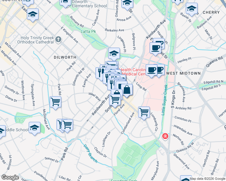 map of restaurants, bars, coffee shops, grocery stores, and more near East Blvd & Kenilworth Ave in Charlotte