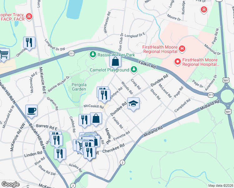 map of restaurants, bars, coffee shops, grocery stores, and more near 2465 Dundee Road in Pinehurst