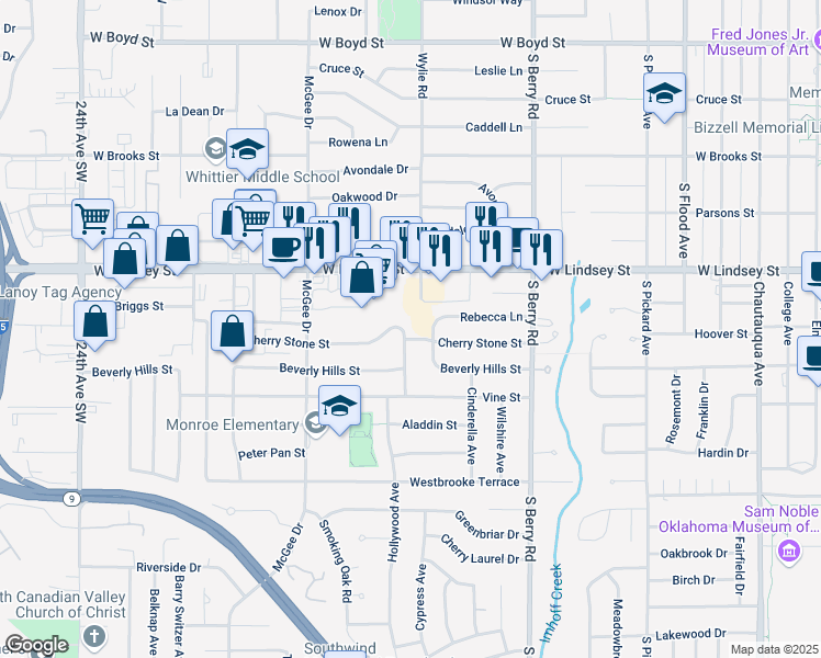 map of restaurants, bars, coffee shops, grocery stores, and more near 1505 Cherry Stone Street in Norman