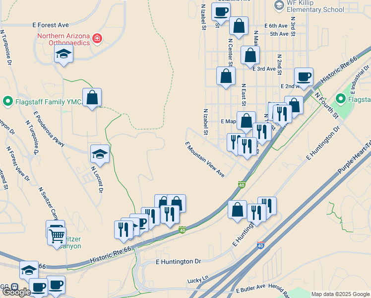 map of restaurants, bars, coffee shops, grocery stores, and more near 1641 Mountain View Avenue in Flagstaff