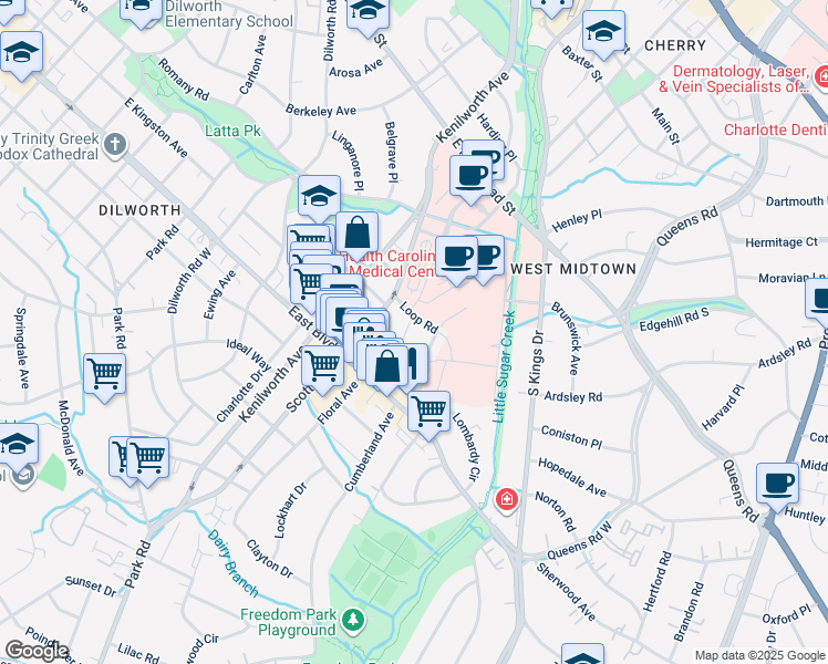 map of restaurants, bars, coffee shops, grocery stores, and more near 1613 Fountain View St in Charlotte