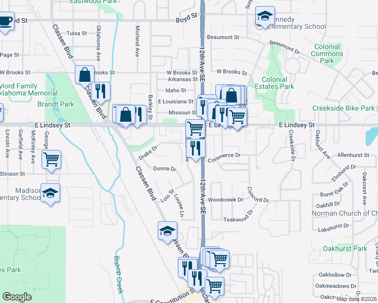 map of restaurants, bars, coffee shops, grocery stores, and more near 2141 Houston Avenue in Norman