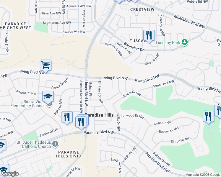 map of restaurants, bars, coffee shops, grocery stores, and more near 10305 Delta Court Northwest in Albuquerque