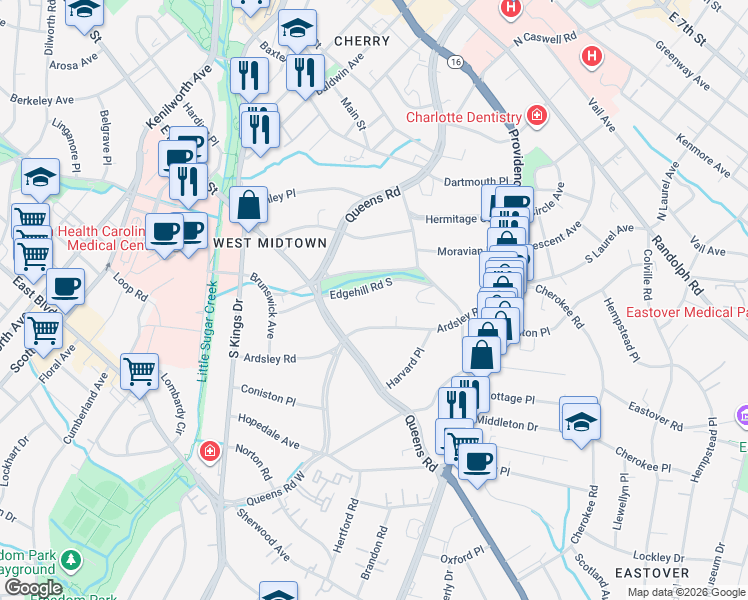 map of restaurants, bars, coffee shops, grocery stores, and more near 819 Edgehill Road North in Charlotte