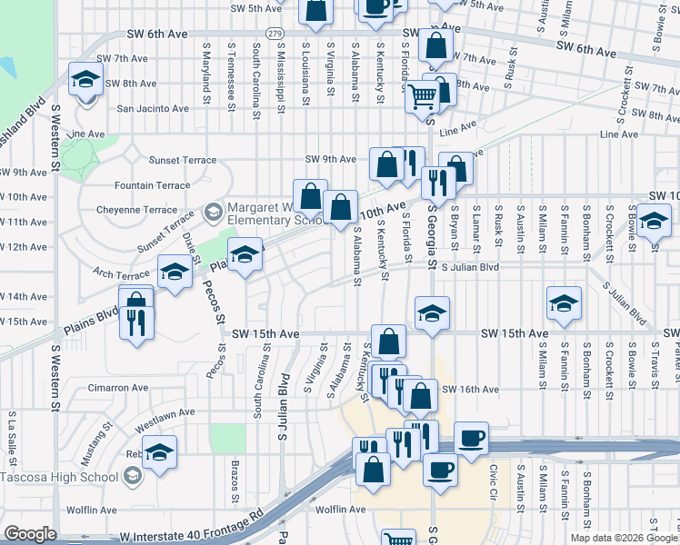 map of restaurants, bars, coffee shops, grocery stores, and more near 1025 South Virginia Street in Amarillo