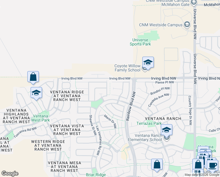 map of restaurants, bars, coffee shops, grocery stores, and more near 99999 Cedar Waxwing Place Northwest in Albuquerque