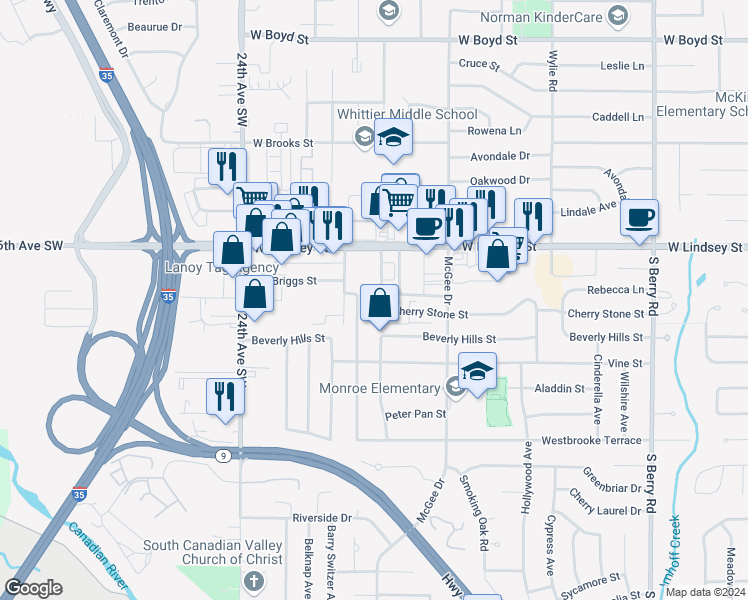 map of restaurants, bars, coffee shops, grocery stores, and more near 1330 Crown Point Avenue in Norman