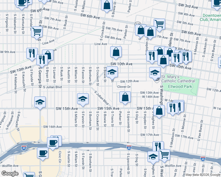 map of restaurants, bars, coffee shops, grocery stores, and more near 1202 South Travis Street in Amarillo