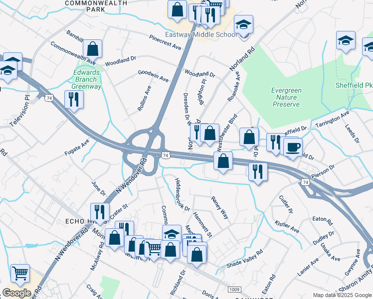 map of restaurants, bars, coffee shops, grocery stores, and more near 3529 U.S. 74 in Charlotte