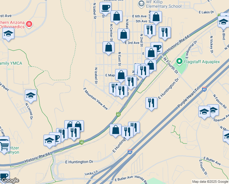 map of restaurants, bars, coffee shops, grocery stores, and more near 1518 N Center St in Flagstaff