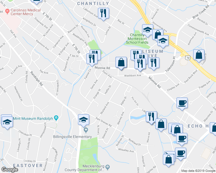 map of restaurants, bars, coffee shops, grocery stores, and more near 321 Heflin Street in Charlotte