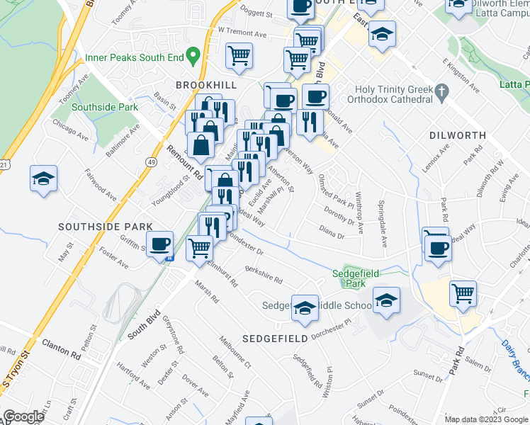 map of restaurants, bars, coffee shops, grocery stores, and more near 2513 Marshall Place in Charlotte