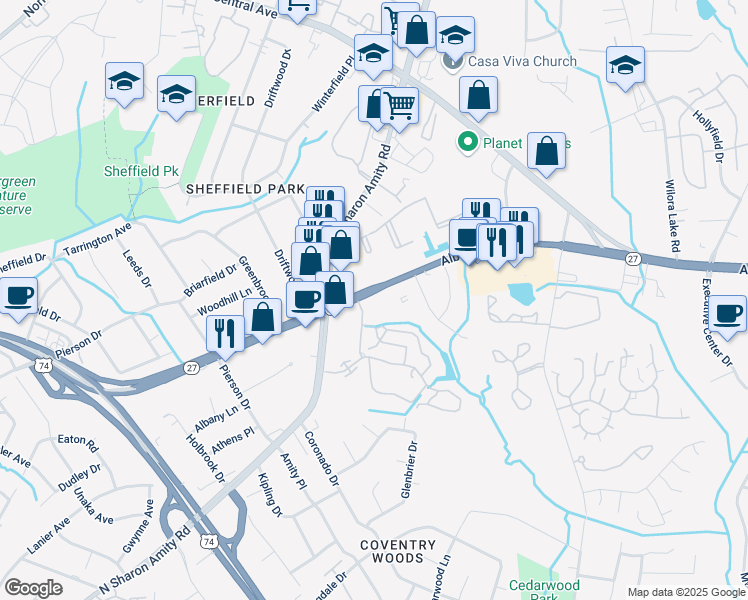 map of restaurants, bars, coffee shops, grocery stores, and more near 5232 Albemarle Rd in Charlotte
