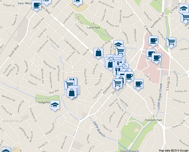map of restaurants, bars, coffee shops, grocery stores, and more near 1935 Ewing Avenue in Charlotte