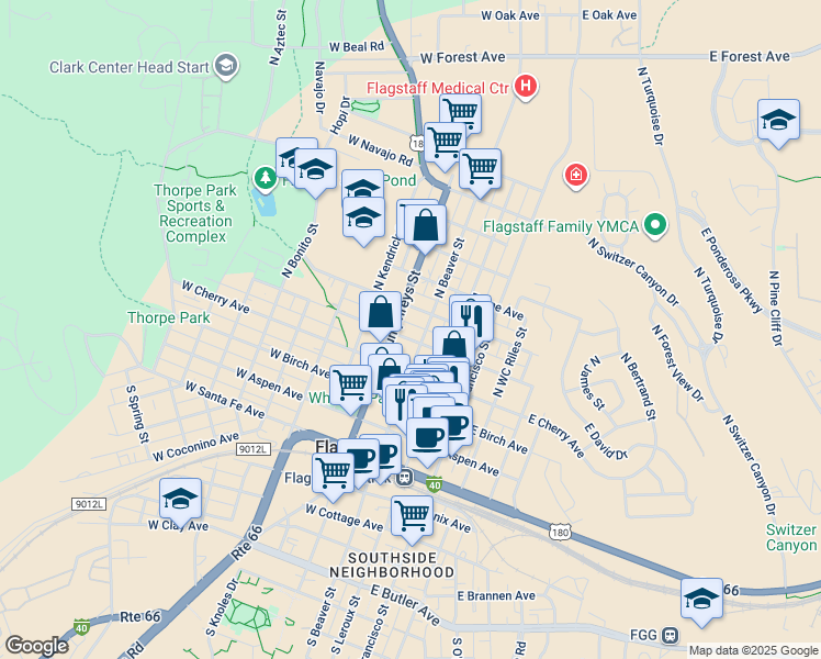 map of restaurants, bars, coffee shops, grocery stores, and more near 150 West Dale Avenue in Flagstaff
