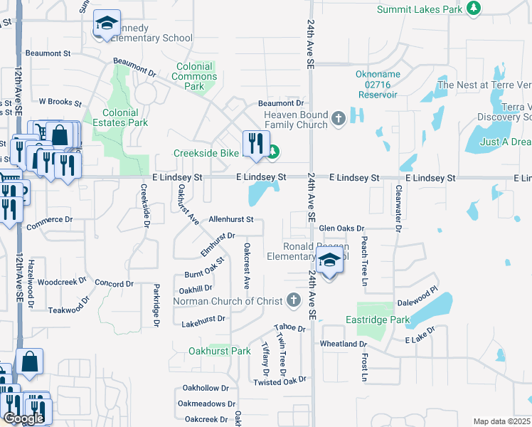 map of restaurants, bars, coffee shops, grocery stores, and more near 2141 Allenhurst Street in Norman