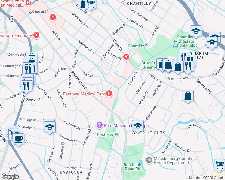 map of restaurants, bars, coffee shops, grocery stores, and more near 2818 Gablestone Way in Charlotte
