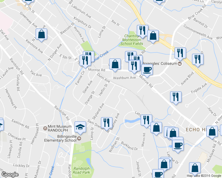 map of restaurants, bars, coffee shops, grocery stores, and more near 431 Skyland Avenue in Charlotte