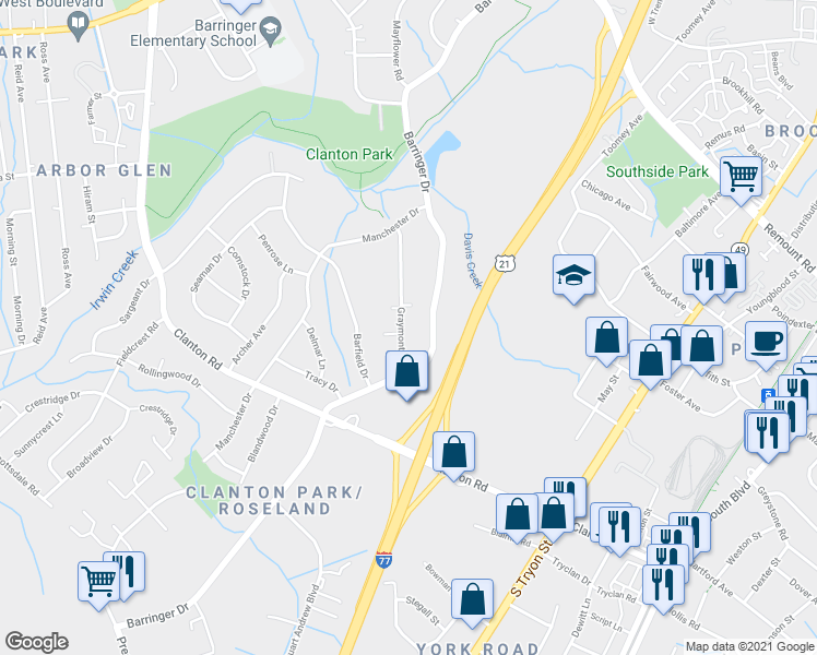 map of restaurants, bars, coffee shops, grocery stores, and more near 3309 Graymont Drive in Charlotte