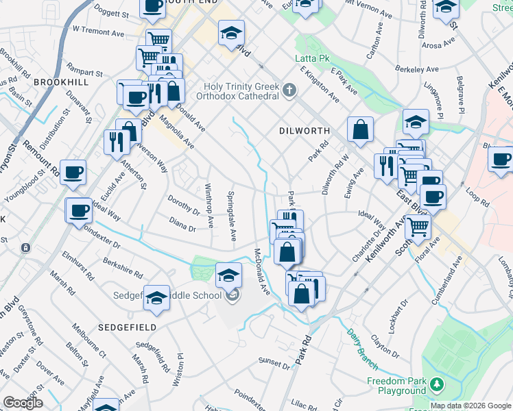 map of restaurants, bars, coffee shops, grocery stores, and more near 717 McDonald Avenue in Charlotte