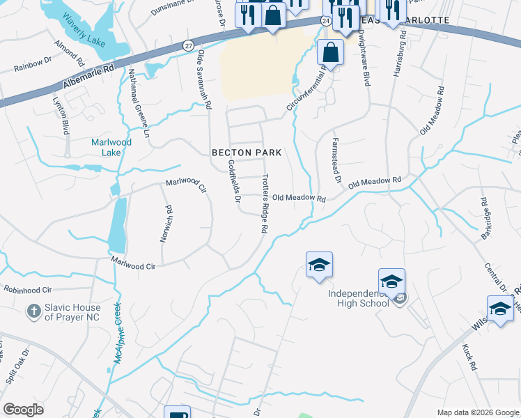 map of restaurants, bars, coffee shops, grocery stores, and more near 6207 Trotters Ridge Rd in Charlotte