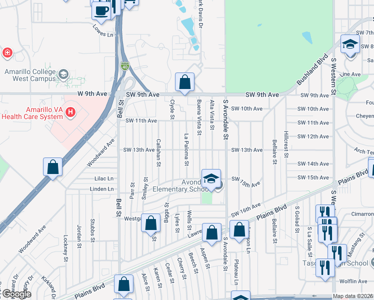 map of restaurants, bars, coffee shops, grocery stores, and more near 5298 Southwest 13th Avenue in Amarillo
