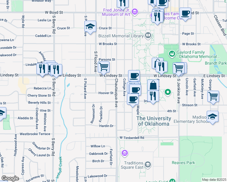 map of restaurants, bars, coffee shops, grocery stores, and more near 1124 Chautauqua Avenue in Norman