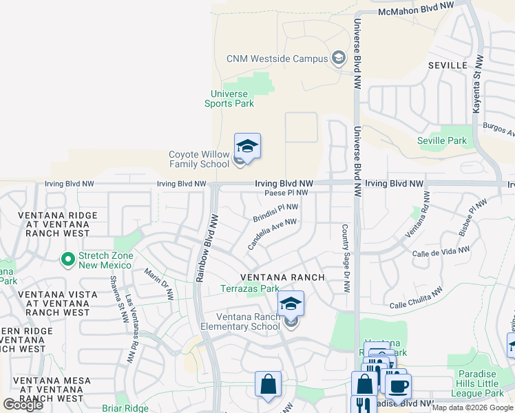 map of restaurants, bars, coffee shops, grocery stores, and more near 10505 Trieste Court Northwest in Albuquerque
