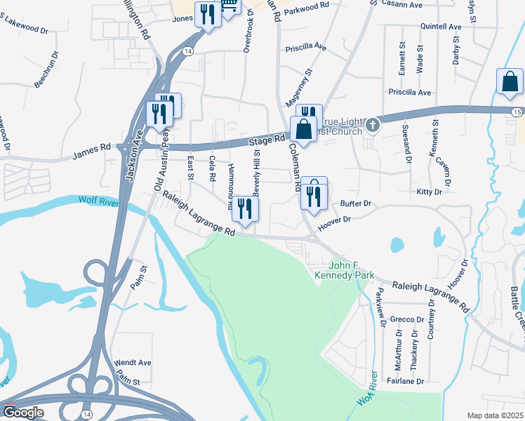 map of restaurants, bars, coffee shops, grocery stores, and more near 2813 Beverly Hill Street in Memphis