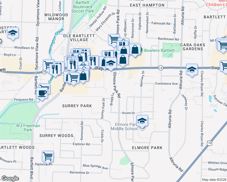 map of restaurants, bars, coffee shops, grocery stores, and more near 2799 Bragg Lane in Bartlett