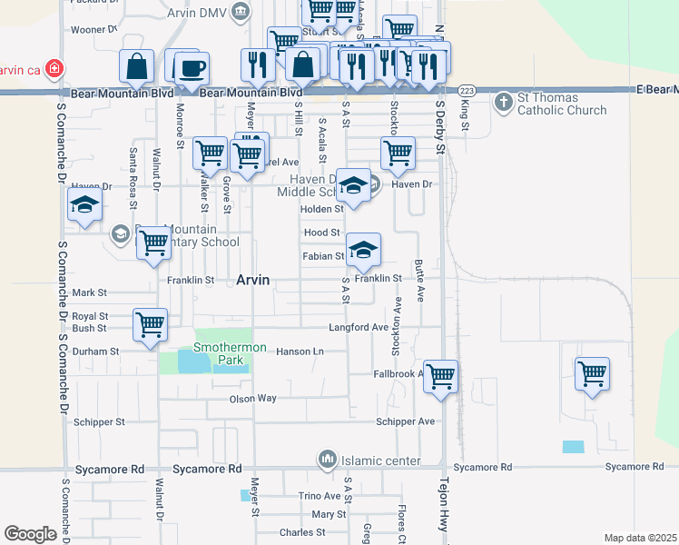 map of restaurants, bars, coffee shops, grocery stores, and more near 345 Franklin Street in Arvin