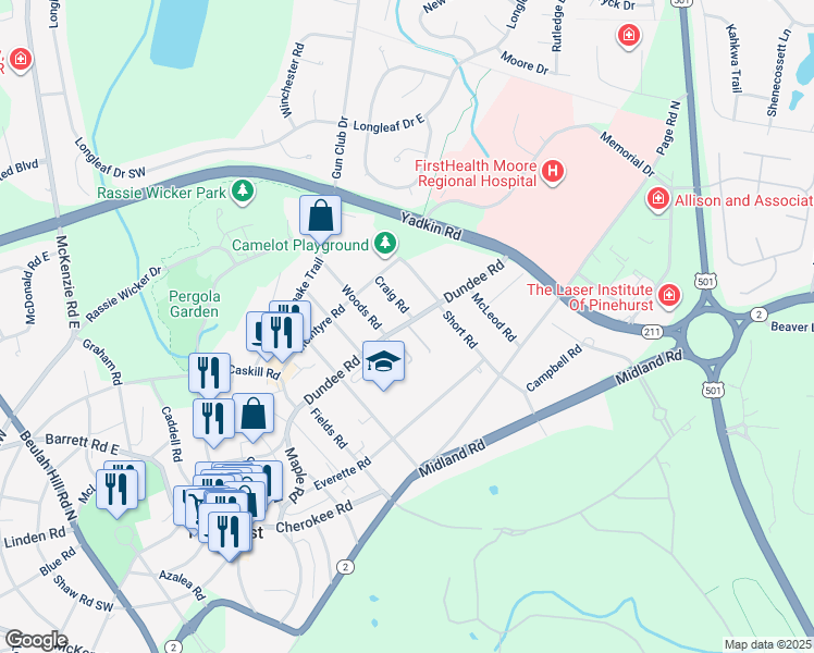 map of restaurants, bars, coffee shops, grocery stores, and more near 200 Dundee Road in Pinehurst