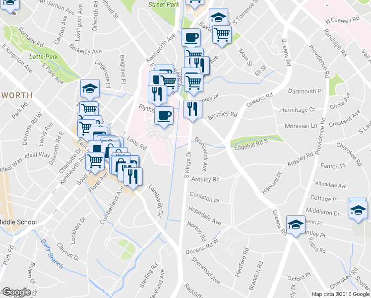 map of restaurants, bars, coffee shops, grocery stores, and more near 1114 South Kings Drive in Charlotte